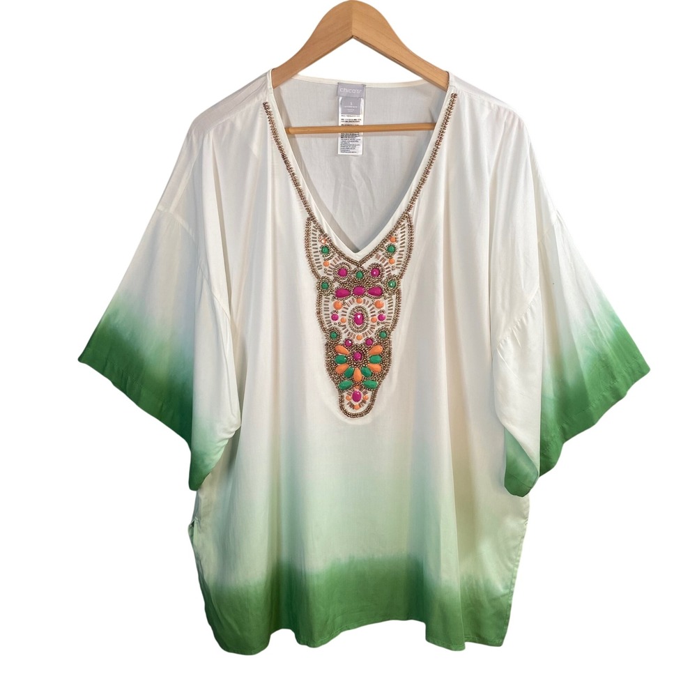 Chico's Tunic Top Womens 3 XL Ombre Beaded Embellished Rayon Boho Artsy Tribal